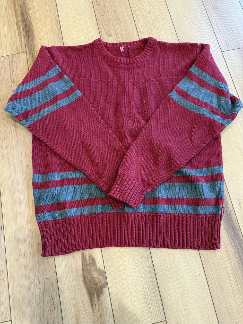 Levi's Men's Crewneck Sweater in Burgundy with Gray Stripes
